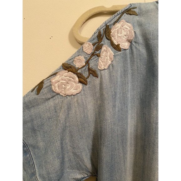 BLUE RAIN Dress Sand Washed Look Chambray Embroidered Cold Shoulder Pockets Med - Picture 12 of 12